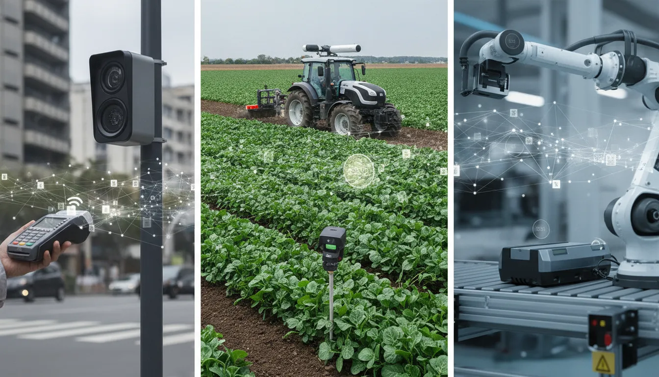 Dispositivos IoT em operação, demonstrando conectividade M2M e as vantagens do SGP.32 vs. SGP.22.