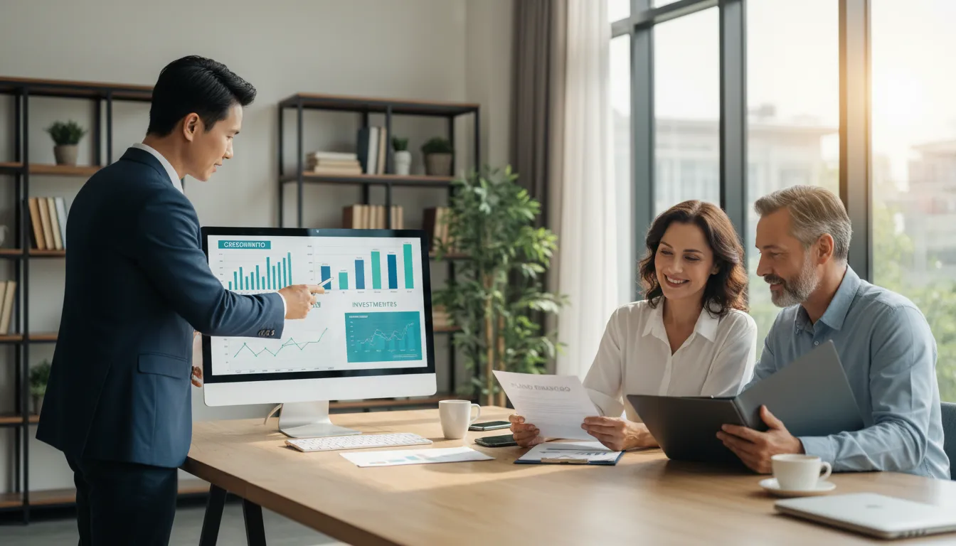 Consultor e casal simulando empréstimo com imóvel, ambiente profissional e informativo