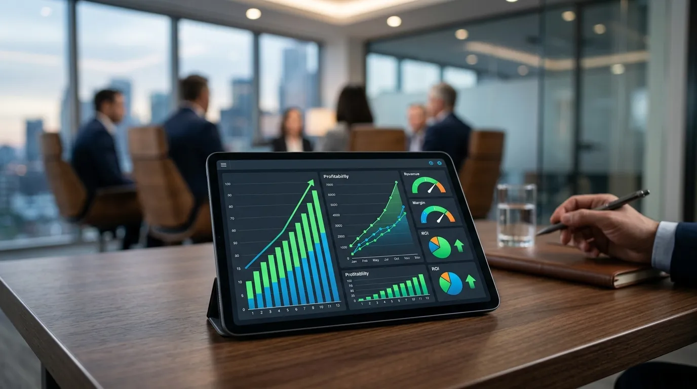 Painel financeiro digital exibindo gráficos de crescimento para melhorar a margem de lucro do negócio.