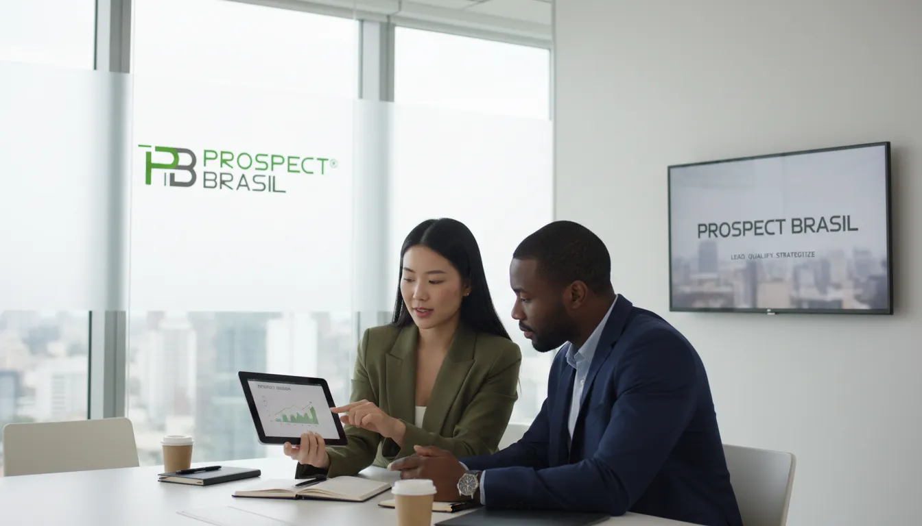 Profissionais em reunião estratégica de prospecção B2B, qualificando leads e otimizando processos comerciais.