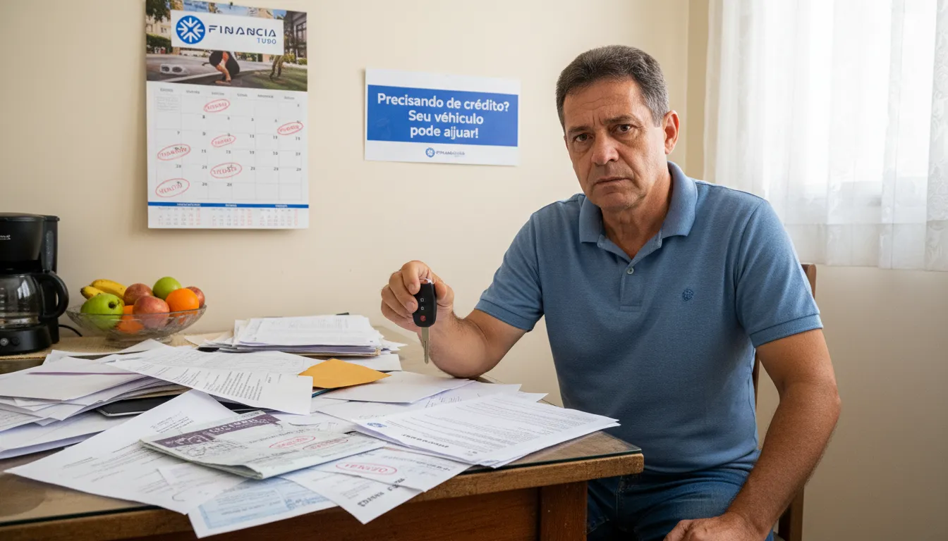 Homem preocupado usando seus veículos aceitos garantia crédito para solucionar problemas financeiros.