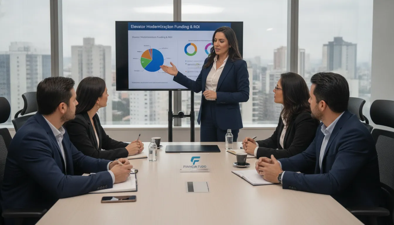 Consultor Financia Tudo explica opções financiamento para elevadores a membros conselho, transmitindo confiança e expertise.
