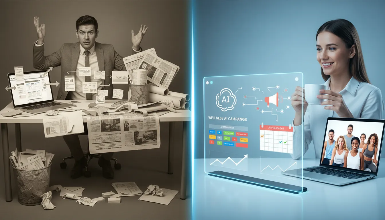 Comparativo visual: marketing tradicional vs chatgpt ads para clínicas de bem-estar, demonstrando previsibilidade e agendamentos otimizados.