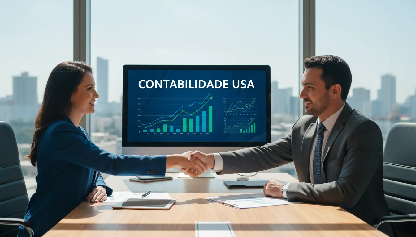 Empresário apertando a mão de um contador, simbolizando a parceria com um Escritório de Contabilidade na Flórida para o sucesso financeiro.