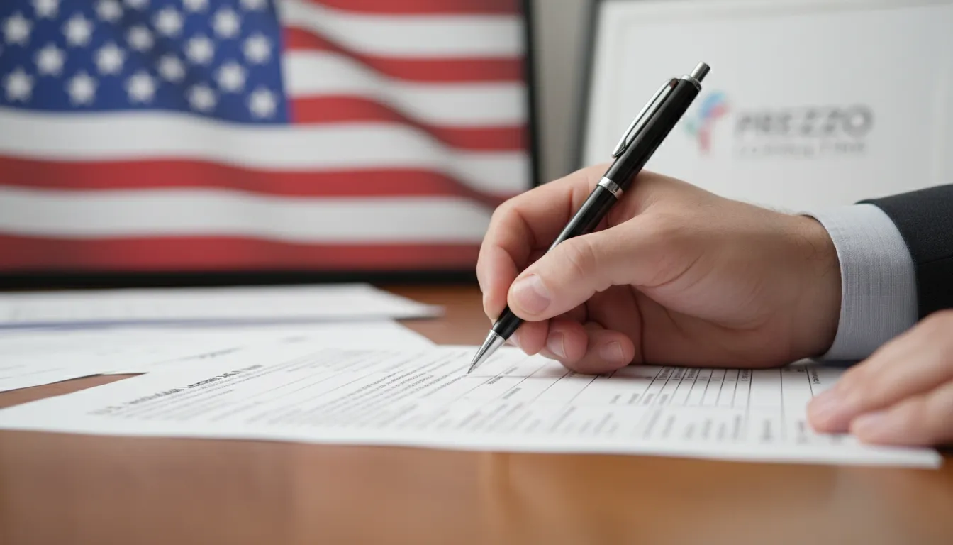 Close-up de uma mão assinando um formulário fiscal, simbolizando a conformidade. Consultoria especializada da Prezzo Consulting para quem precisa de contador nos EUA.