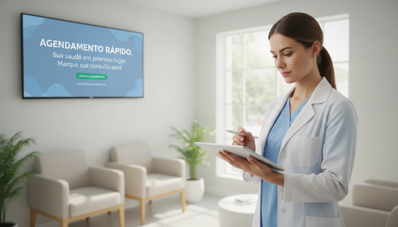 25 Headlines Prontas para Landing Pages de Serviços Locais 1 Profissional de saúde em clínica digitalizando agendamento de consulta rapidamente