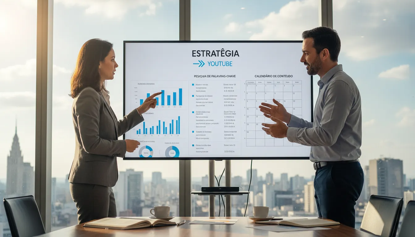 Estrategistas da produtora de vídeos em SP planejando a estratégia de comunicação corporativa para YouTube em reunião.