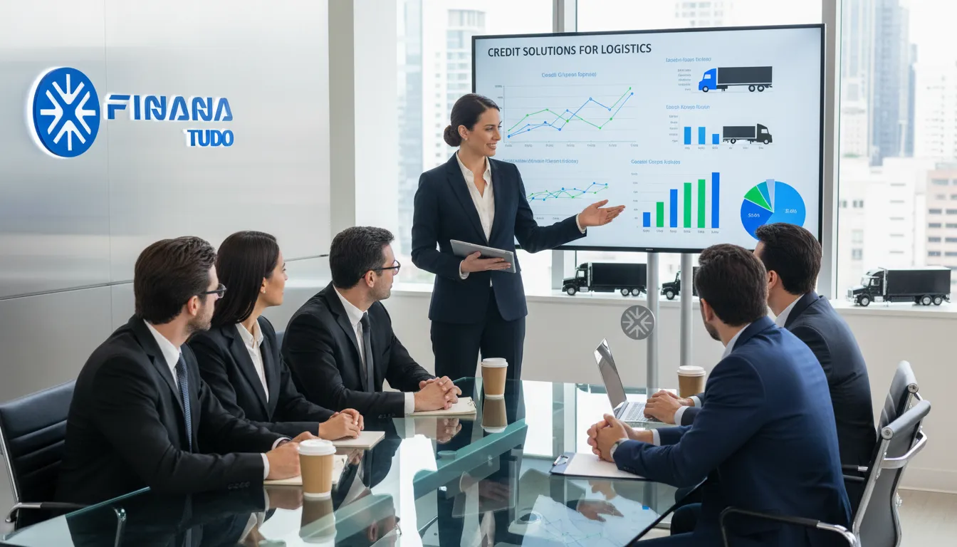 Profissionais analisando opções de crédito para frota de caminhões com consultoria especializada da Financia Tudo.