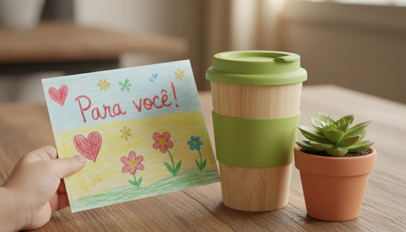 Presente artesanal e ecológico sendo entregue por criança no Dia dos Pais