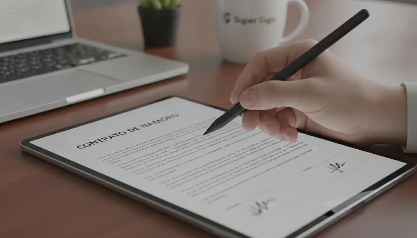 Mão assina digitalmente um contrato de namoro em tablet, com detalhes de escritório profissional e SuperSign.
