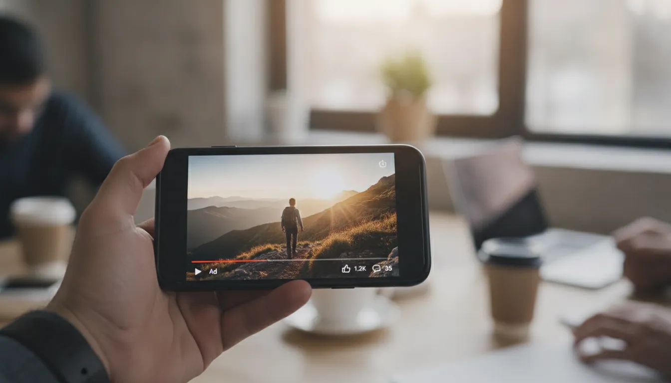 Mão segura smartphone exibindo vídeo profissional no YouTube Ads, destacando alcance qualificado para audiência.