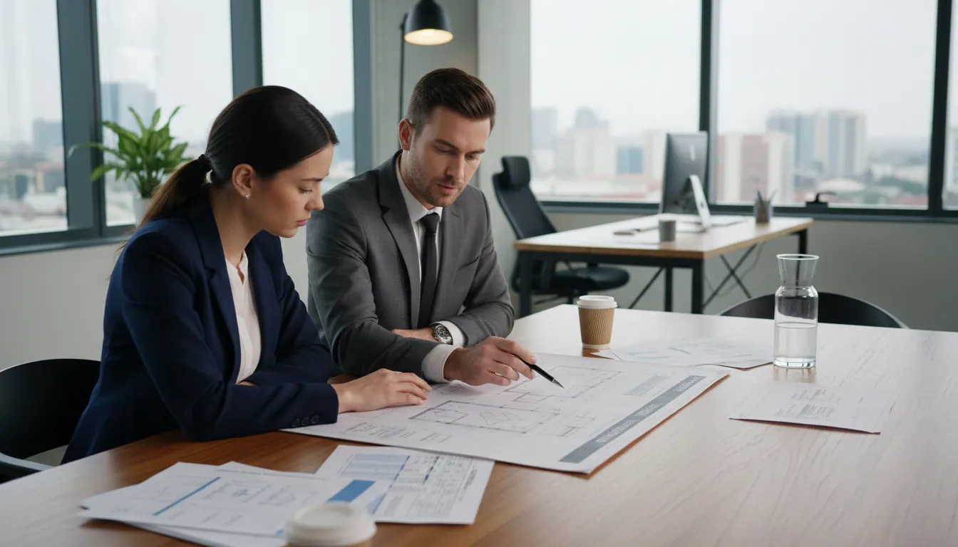 Cliente e consultor financeiro avaliam juntos documentos de crédito para conclusão de obra.