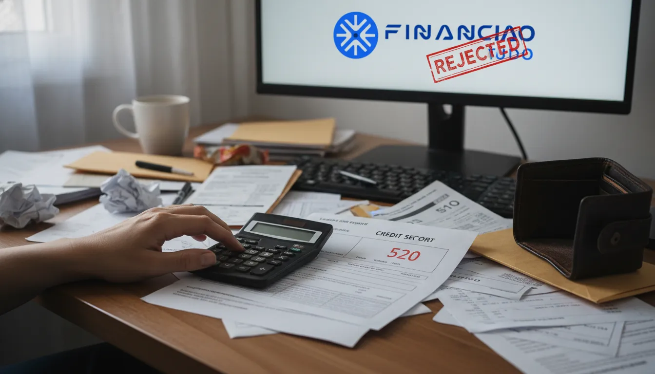 Documentos financeiros espalhados ilustram razões para o crédito com garantia reprovado, como dívidas e baixo score.