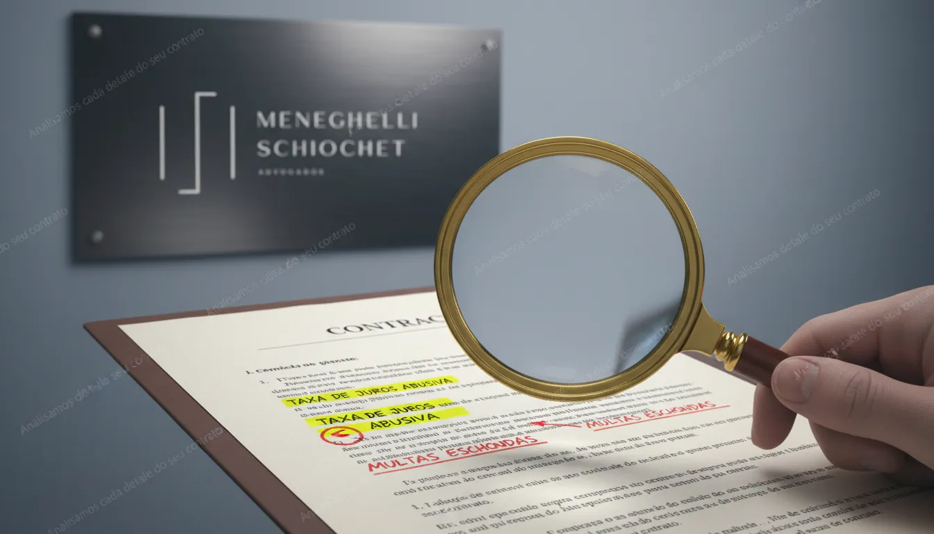 Análise minuciosa de contrato para revisão de juros abusivos nos contratos de prestação de carros, com logo da Advogados MS ao fundo.