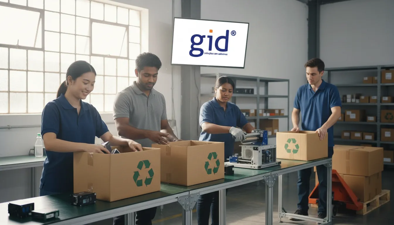 Funcionários montando produtos em caixa embalagem reciclada em fábrica moderna com foco na sustentabilidade.