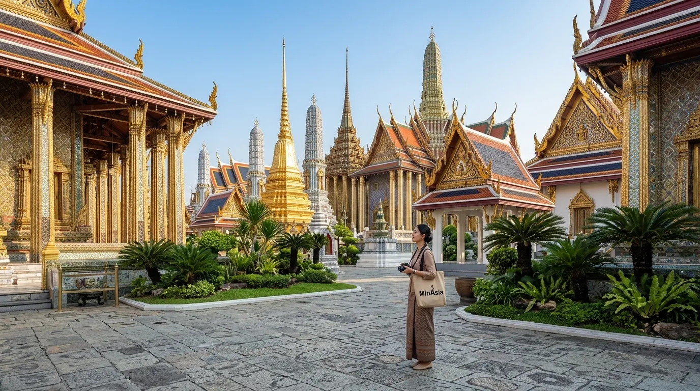 Templo dourado histórico em Bangkok explorado durante viagem com pacote Tailândia cultural.