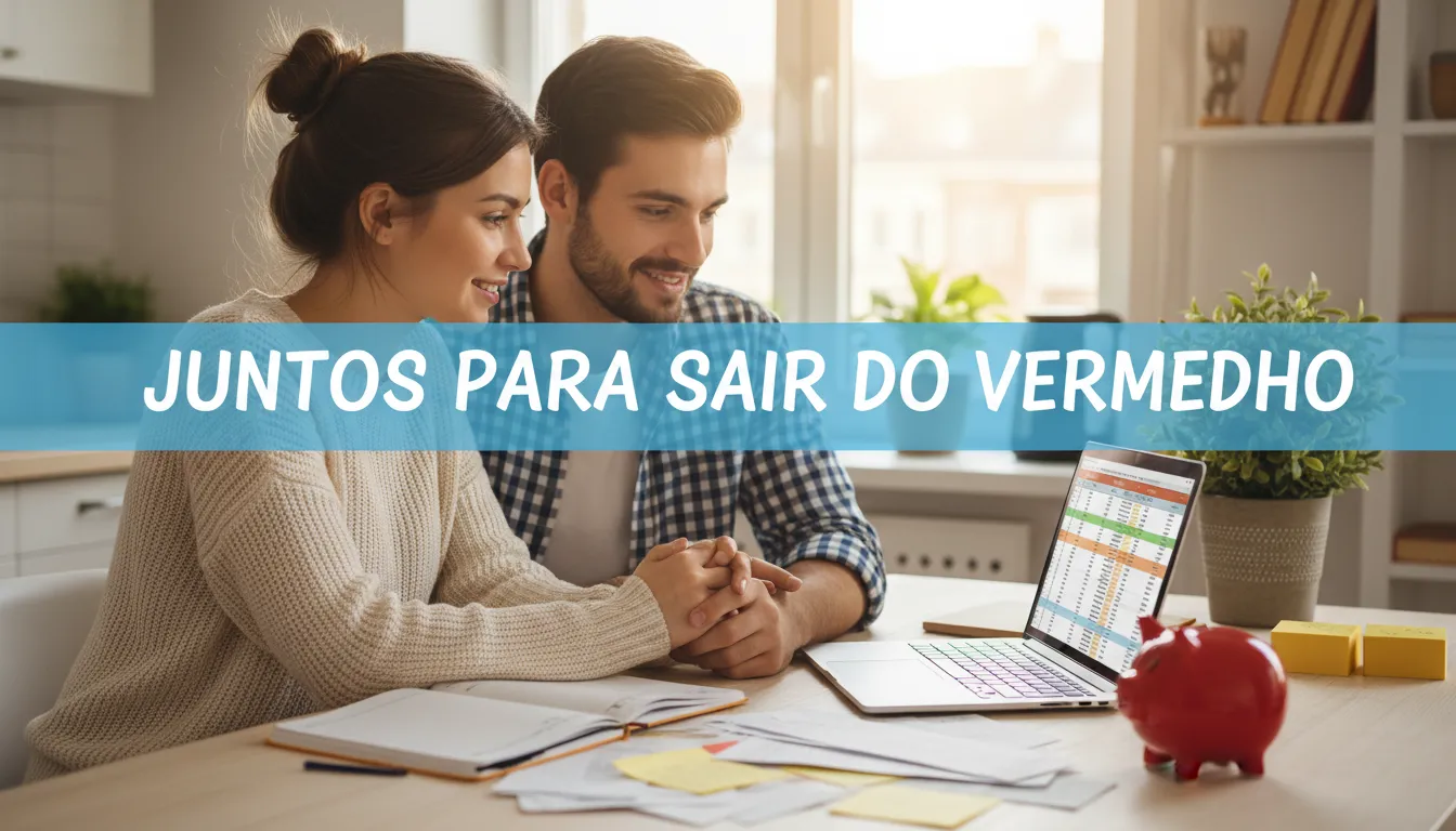Casal fazendo planejamento financeiro em casa, mostrando trabalho em equipe para sair das dívidas.