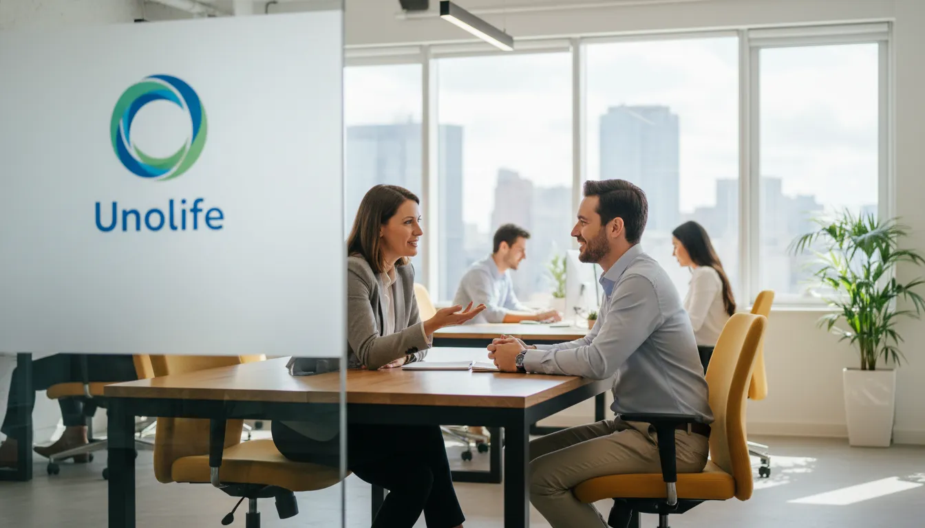 Um gerente conversando com um funcionário, oferecendo apoio e orientação, destacando a responsabilidade da empresa na saúde mental no trabalho. Unolife: Seu bem-estar é nossa prioridade.