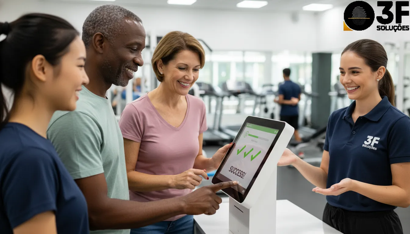 Membros da academia utilizando kiosk digital do sistema gestao academia 3F Soluções para check-in rápido.