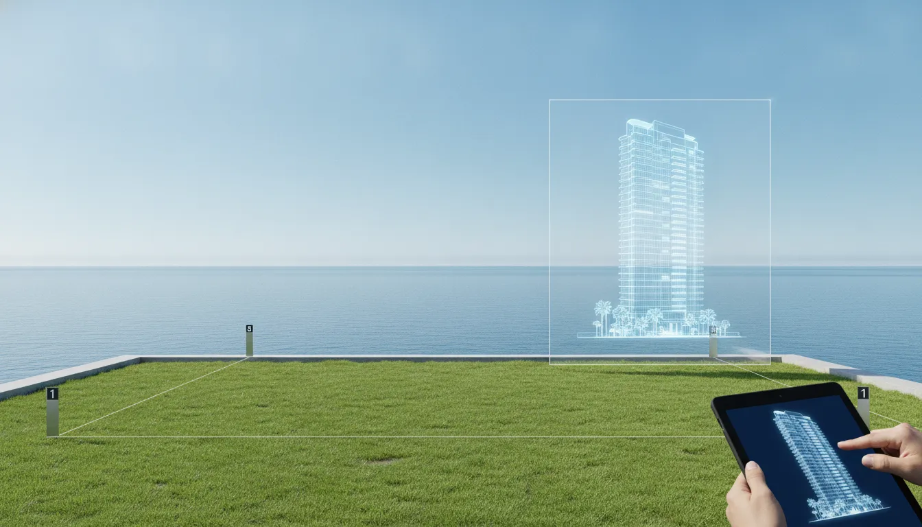 Terreno vazio à beira-mar com projeção digital de torre, destacando potencial de investir em terreno.
