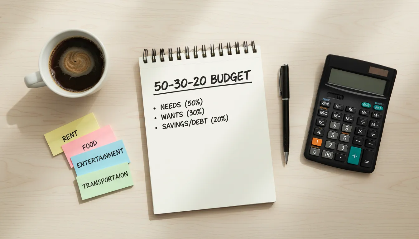 Mesa de trabalho com caderno aberto mostrando orçamento 50-30-20, calculadora e notas coloridas com categorias de despesas.