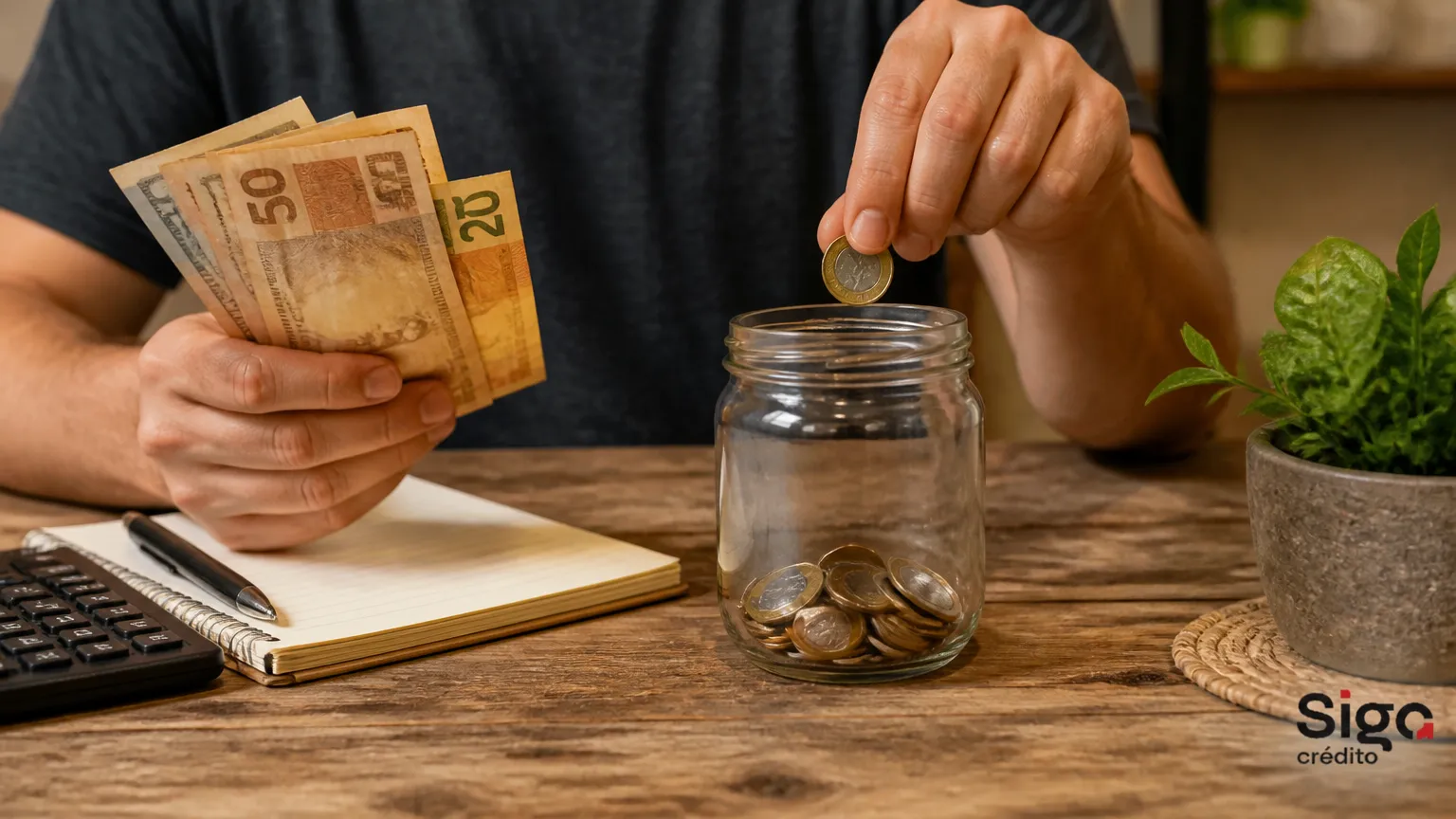 Pessoa guardando moedas no pote aplicando educação financeira no dia a dia.
