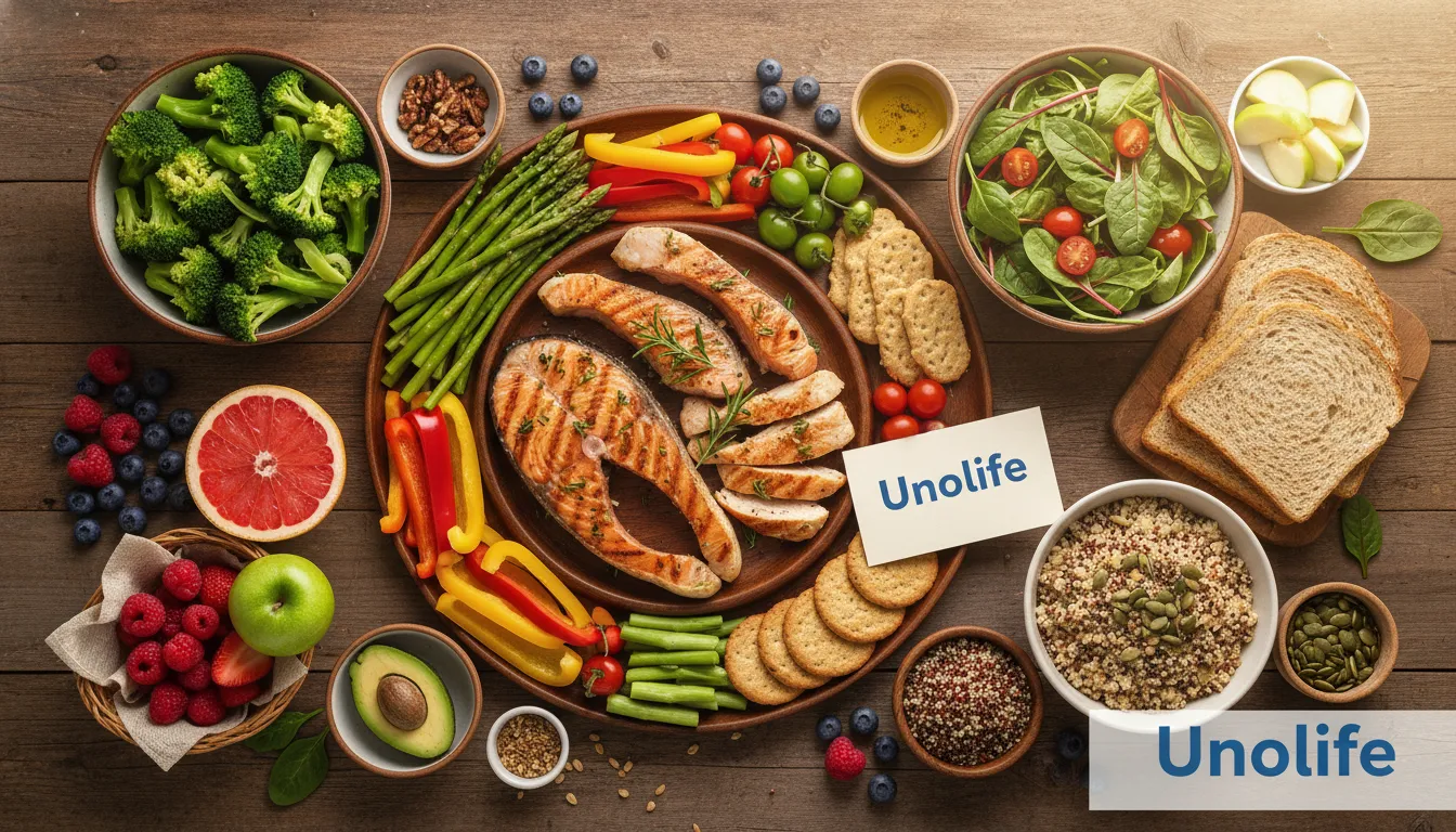 Seleção de alimentos saudáveis para nutrição para diabéticos, com a marca Unolife em destaque. Variedade de opções para uma dieta equilibrada.