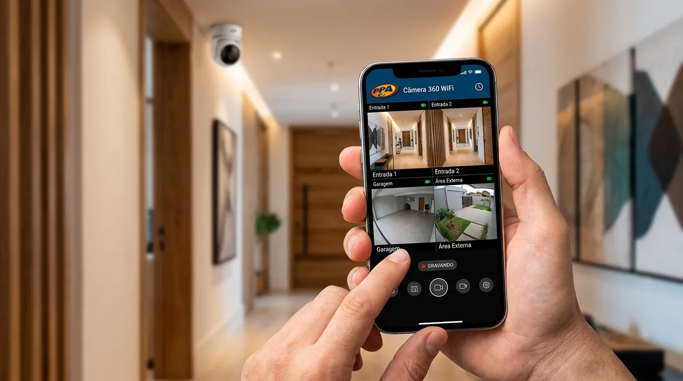 Celular mostrando aplicativo de monitoramento conectado a câmera de segurança 360 graus.