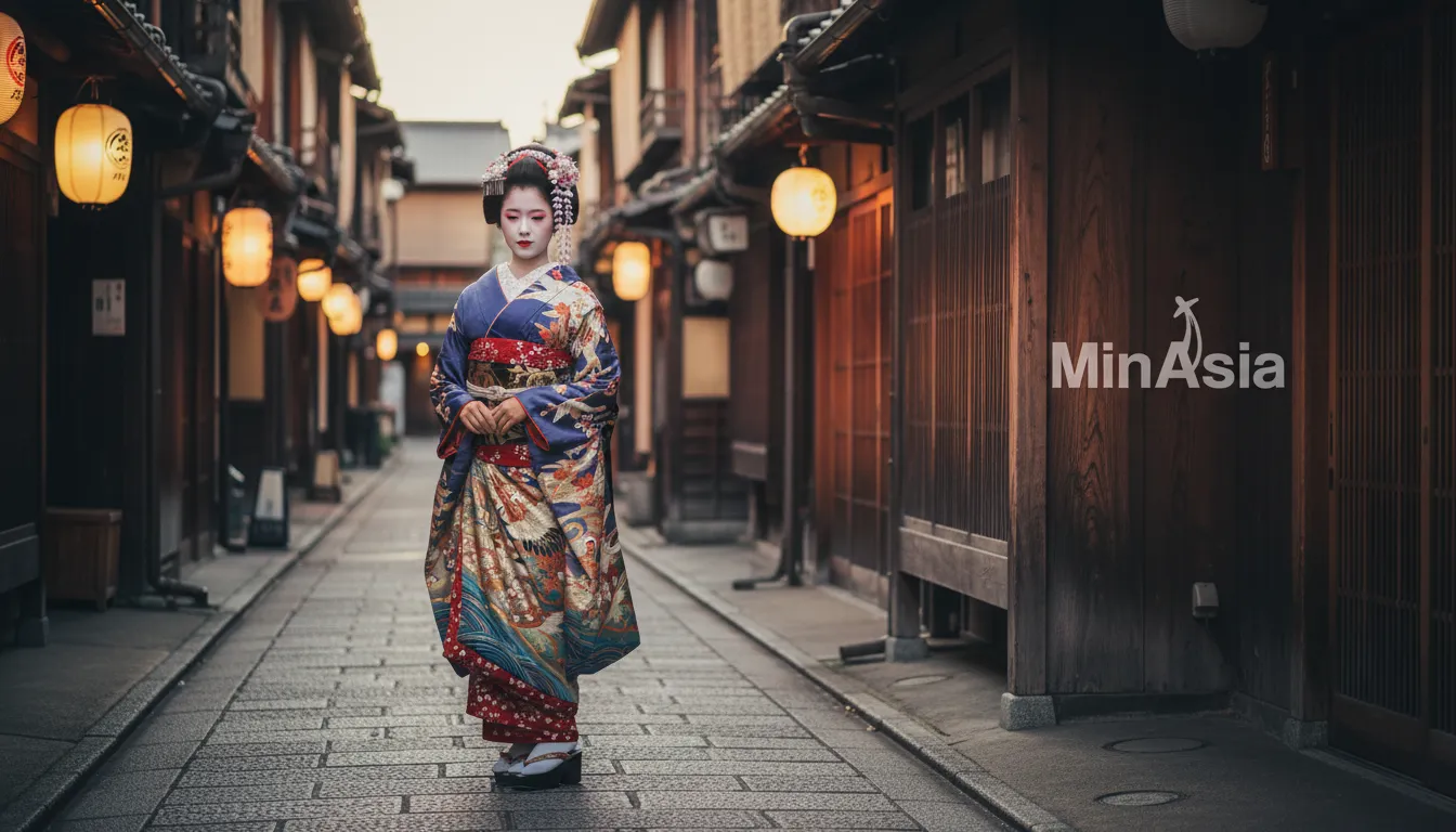 Geisha elegante caminhando por rua tradicional em Kyoto, Japão, vestindo um quimono elaborado.