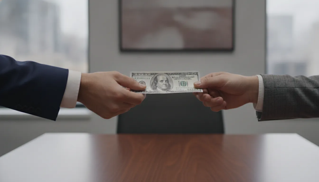 Mãos trocando notas de dólar em ambiente profissional, representando como receber dinheiro em Estados Unidos de forma segura.