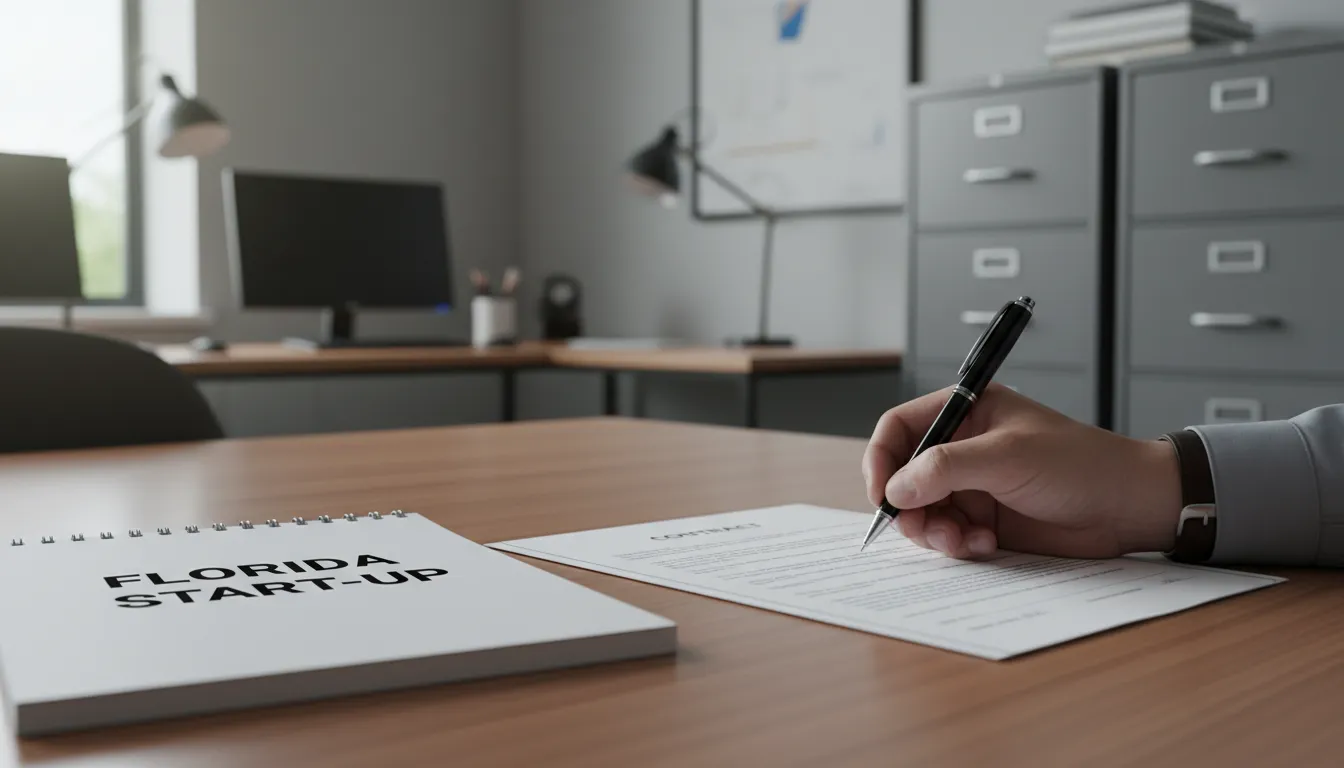 Hand signing business paperwork symbolizes the formal steps to start a business in Florida, reflecting careful financial planning.