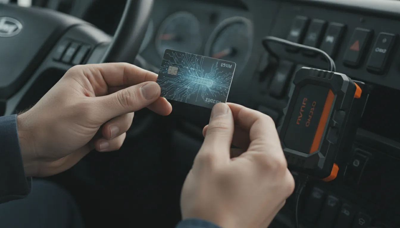 eSIM IoT gestão de frotas: técnico instala chip eSIM em dispositivo IoT dentro de veículo.