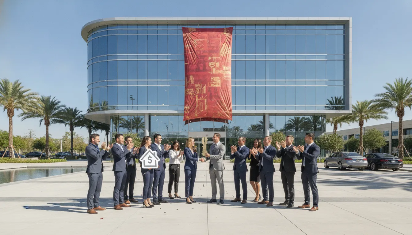 Empresa celebrando expansão em novo prédio comercial, resultado do home equity para empresas.
