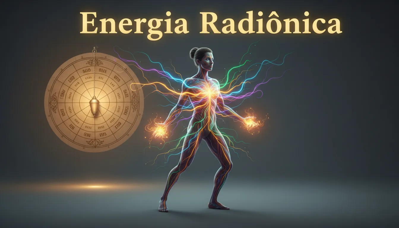 Representação visual da energia fluindo através do corpo humano, com mesa radiônica ao fundo, simbolizando vitalidade e bem-estar através da técnica.