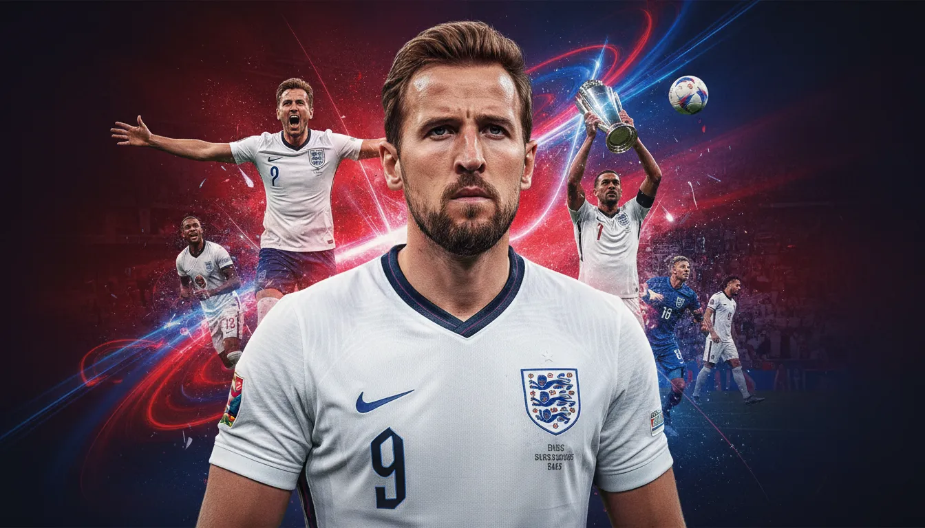 Retrato de Harry Kane com ambição de ser o artilheiro copa 2026 final, vestindo a camisa da Inglaterra.