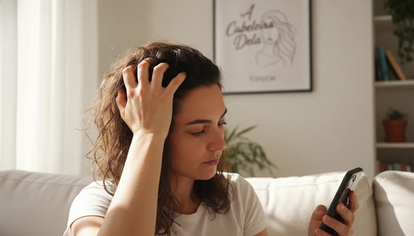 Mulher tocando o cabelo oleoso com frequência, um hábito que pode piorar a condição dos fios.