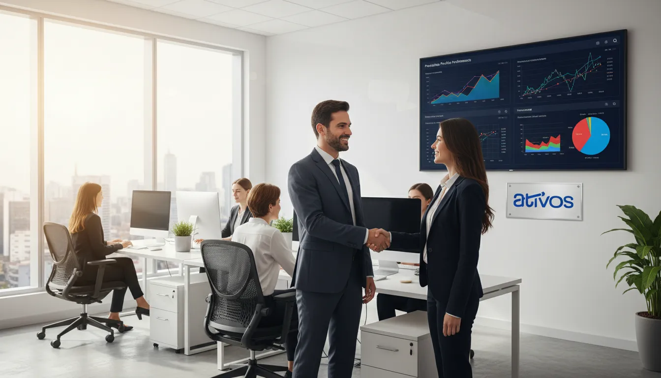 Aperto de mãos entre broker e cliente, representando a confiança na compra e venda de precatórios.