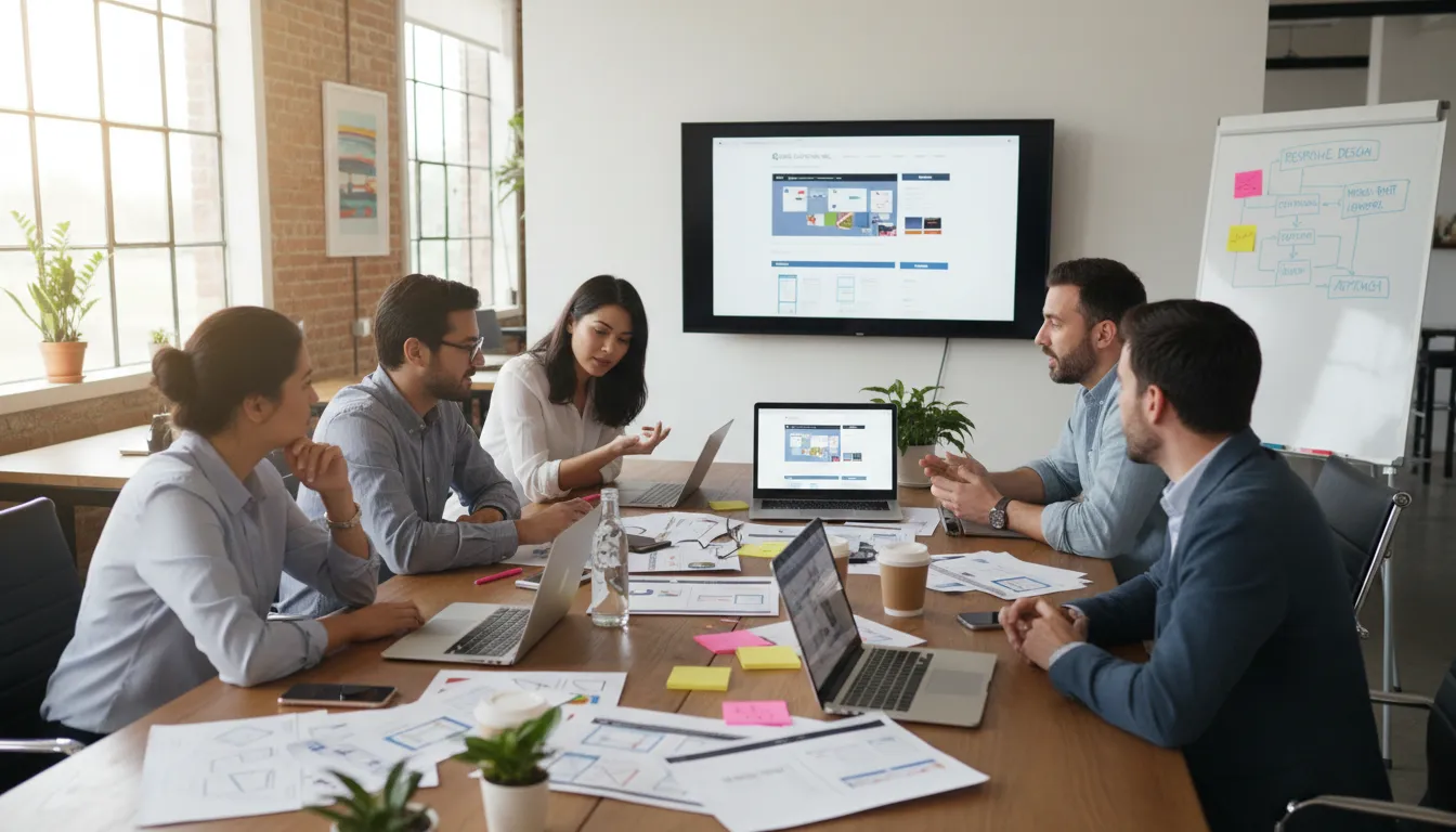 Site Institucional vs E-commerce: Qual Seu Negócio Precisa 1 Equipe criando layout de site institucional em ambiente de agência criativa