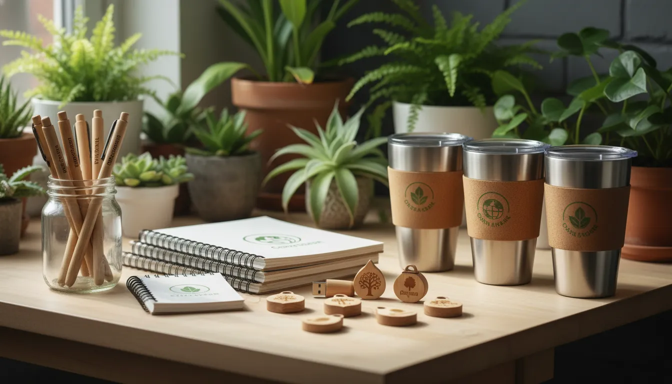 Detalhe de diversos brindes ecológicos personalizados sobre mesa, simbolizando opções sustentáveis para empresas.