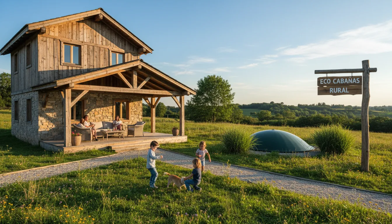 Família aproveitando a tranquilidade em um chalé Eco Cabanas, com a fossa séptica biodigestora garantindo o conforto sem comprometer a beleza natural do ambiente rural.