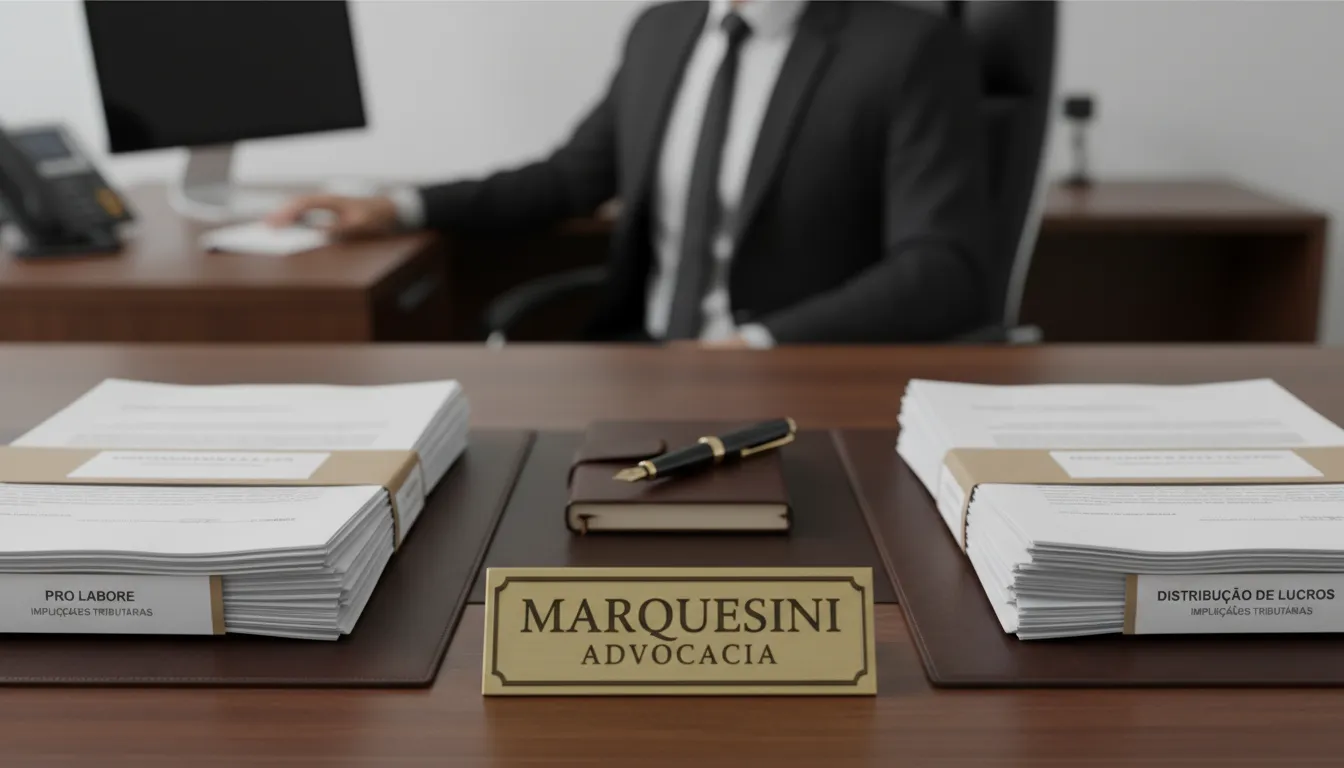 Visão geral de uma mesa de escritório organizada com documentos sobre pro labore e distribuição de lucros na Marquesini Advocacia.