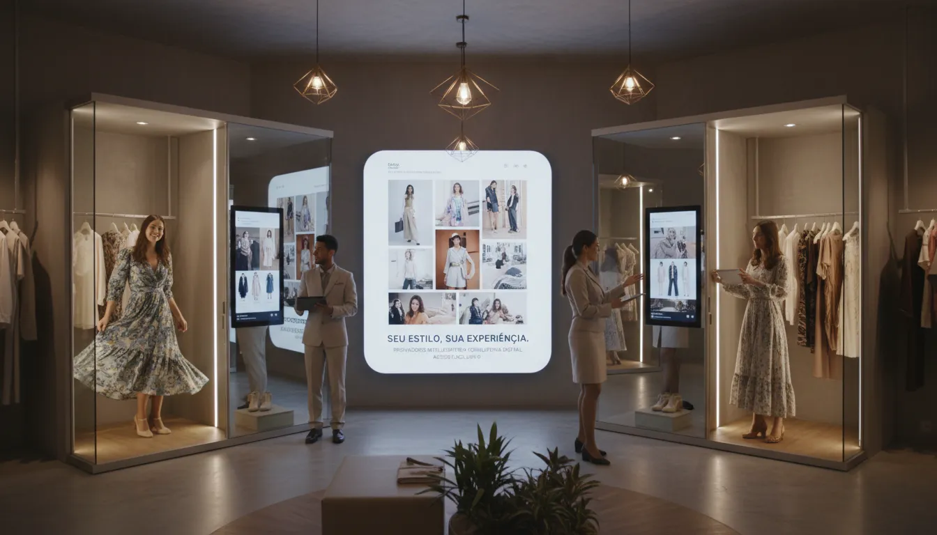 Loja de moda híbrida moderna com provadores inteligentes, telão de looks e integração entre experiência física e digital.