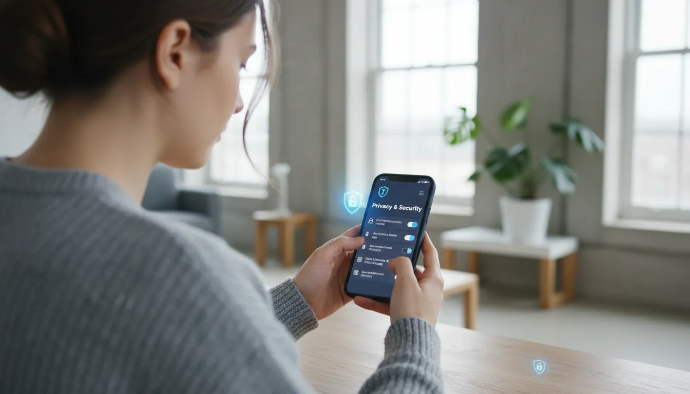 Jovem acessando terapia online pelo celular, com foco em privacidade e segurança.