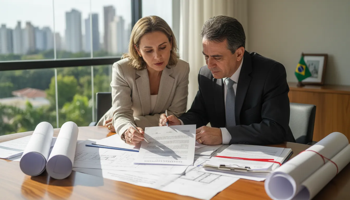 Arquiteto e consultor financeiro analisando plantas e documentos sobre garantia imobiliária em obra