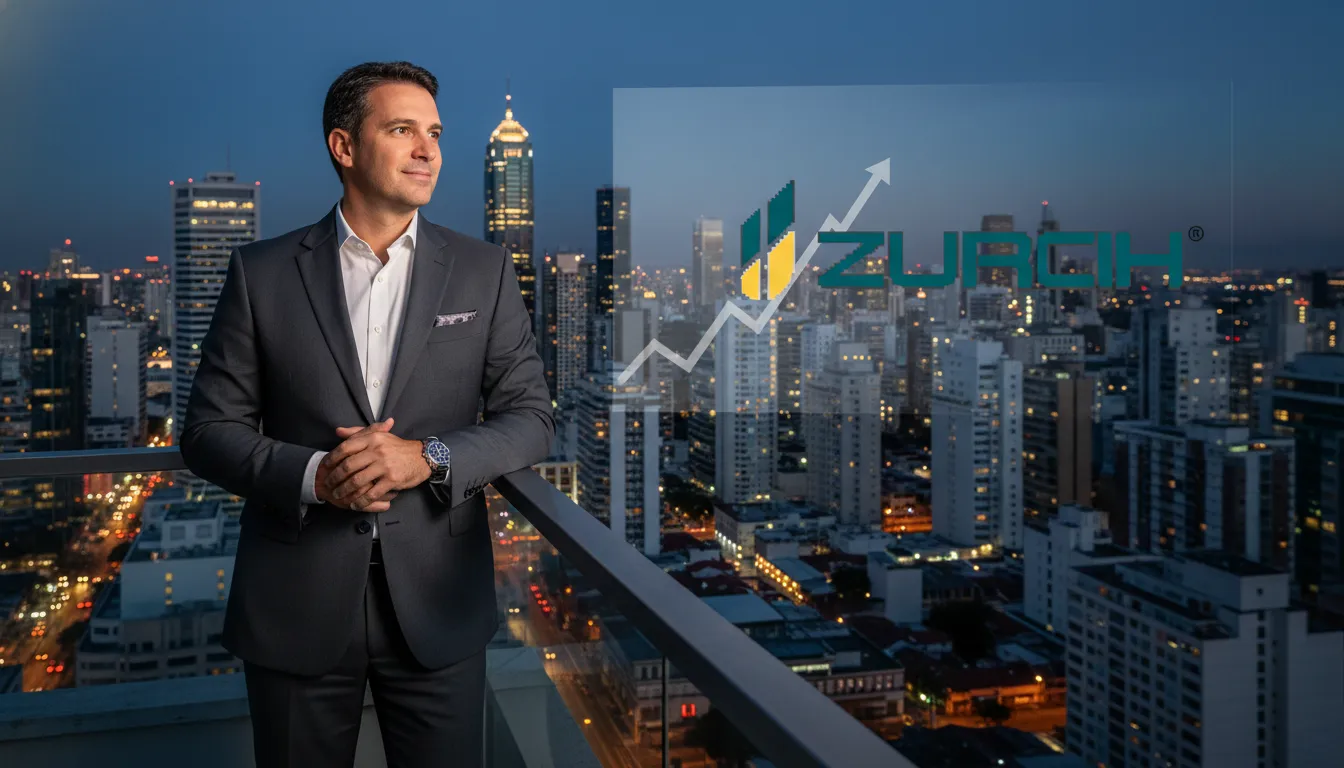 Empresário confiante em uma cobertura, olhando para o horizonte da cidade, simbolizando crescimento após a regulamentação da reforma tributária.