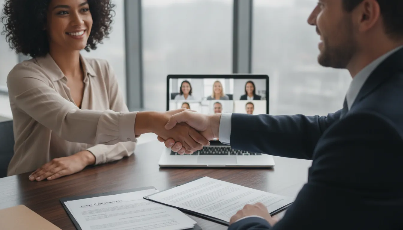 Empresários selam acordo para contratar funcionario nos EUA, com contratos e vistos à vista para empresa brasileira.