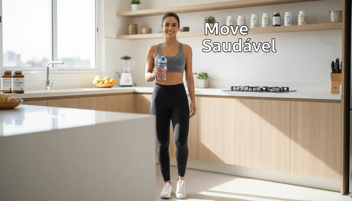 Mulher sorrindo em uma cozinha moderna, segurando uma garrafa de água, com suplementos ao fundo, ilustrando o artigo sobre se cafeína em cápsulas emagrece.