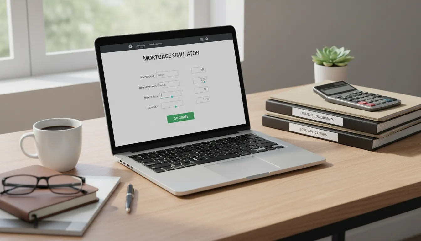 Simulação de financiamento na tela de notebook com documentos organizados, exemplificando planejamento financeiro imobiliário.