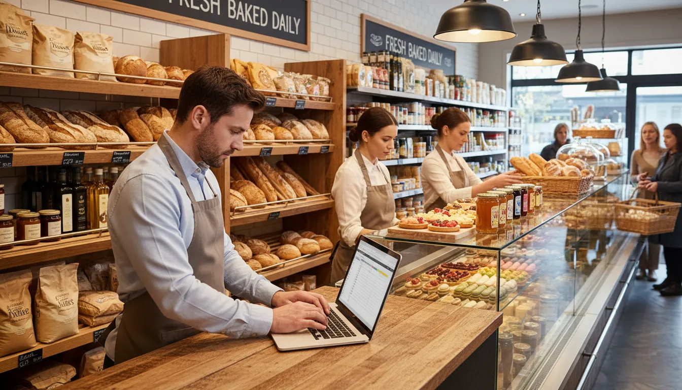 Gestor digitalizando controles com equipe operando estoque de maneira ordenada e automatizada.