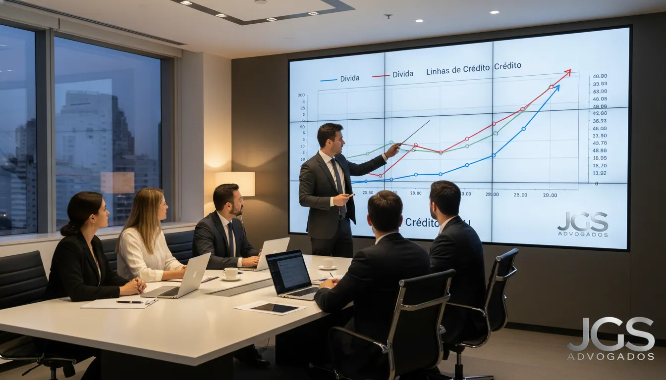 Equipe de advogados da JGS analisando estratégias de crédito bancário empresa para solucionar dívidas e passivos financeiros de um cliente.